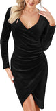 Aphratti Women's Velvet Dress Long Sleeve Wrap V Neck Split Ruched Bodycon Cocktail Party Fall Dresses for Wedding Guest 2025