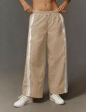 Women Baggy Track Pants Lace Side Stripe Drawstring Elastic Waist Wide Leg Parachute Pants with Pockets
