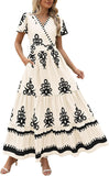 PRETTYGARDEN Womens 2025 Summer Casual V Neck Boho Maxi Dress Flowy Aline Bell Sleeve Tiered Floral Dresses with Pocket