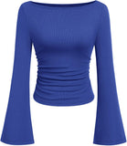 7DAY'S Women's Long Sleeve Shirts 2025 Fall Crop Going Out Tops Casual Boat Neck Bell Sleeve Ribbed Ruched Y2K Clothes