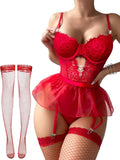 Women Lingerie Set Naughty Lace Bodysuit High Waisted Underwire Lingerie Babydoll With Garter Belt and Stockings