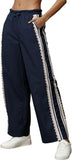 Women Baggy Track Pants Lace Side Stripe Drawstring Elastic Waist Wide Leg Parachute Pants with Pockets