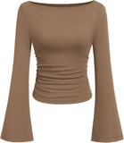 7DAY'S Women's Long Sleeve Shirts 2025 Fall Crop Going Out Tops Casual Boat Neck Bell Sleeve Ribbed Ruched Y2K Clothes