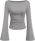 7DAY'S Women's Long Sleeve Shirts 2025 Fall Crop Going Out Tops Casual Boat Neck Bell Sleeve Ribbed Ruched Y2K Clothes