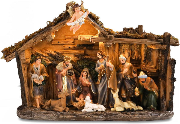 Bshine Nativity Scene Set Christmas Decor, Wooden Stable with LED Lights 12.4x9.05 Holy Family with Manger Baby Jesus Figurine, Nativity Scene Indoor Decor Home Desktop Collectible Ornaments