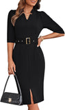 GRACE KARIN Women's Work Dress 3/4 Sleeve V Neck Bodycon Sheath Dress Zipper Up Office Business Dresses with Belt