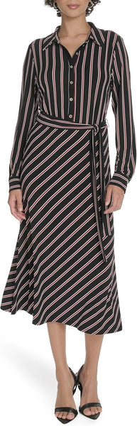 Tommy Hilfiger Women's Long Sleeve Collared Self Tie Midi Shirtdress