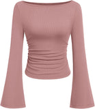 7DAY'S Women's Long Sleeve Shirts 2025 Fall Crop Going Out Tops Casual Boat Neck Bell Sleeve Ribbed Ruched Y2K Clothes