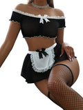 Sexy Stockings Mini Skirt Mesh Sheer Lace Halloween Costume Maid Outfit Lingerie with Thong Set 4 Piece