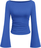 7DAY'S Women's Long Sleeve Shirts 2025 Fall Crop Going Out Tops Casual Boat Neck Bell Sleeve Ribbed Ruched Y2K Clothes