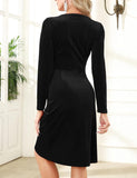 Aphratti Women's Velvet Dress Long Sleeve Wrap V Neck Split Ruched Bodycon Cocktail Party Fall Dresses for Wedding Guest 2025