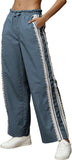 Women Baggy Track Pants Lace Side Stripe Drawstring Elastic Waist Wide Leg Parachute Pants with Pockets