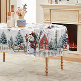Horaldaily Christmas Tablecloth 60×84 Inch, Winter Snowman House Christmas Trees Red Washable Table Cover for Party Picnic Dinner Decor