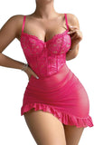 Sexy Corset Bodycon Ruffle Sheer Underwire Mesh Lace Floral Outfits Babydoll Lingerie Set Dress with Thong 2 Piece