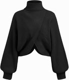 CIDER Cropped Sweaters for Women Turtleneck Sweater Long Sleeve Ribbed Knit Lantern Sleeve Pullover Fall Outfits