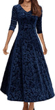 Women's Velvet Midi Dresses Floral Print Long Sleeve V Neck Formal Wedding Guest Fall Winter Dress