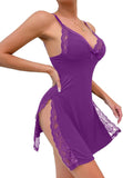 Sexy Split Side Floral Lace Trim Full Slip Night Gown Babydoll Lingerie Dress with Thong 2 piece