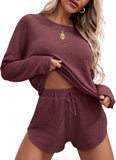 Ekouaer Womens Waffle Knit Pajama Sets Long Sleeve Top and Shorts Matching Lounge Set Loungewear Sweatsuit with Pockets