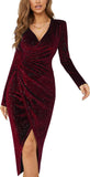 V Neck Long Sleeve Velvet Bodycon Midi Dress Glitter Ruched Formal Cocktail Party Dresses