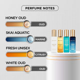 BellaVita Luxury Unisex Cologne Gift Set (4x20ml) | Fragrances Includes Honey OUD, SKAI, FRESH & White OUD | Travel Size Mini Perfumes & Spicy Vanilla Perfume Oil | Unisex Perfume for Women & Men