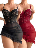 Sexy Corset Bodycon Ruffle Sheer Underwire Mesh Lace Floral Outfits Babydoll Lingerie Set Dress with Thong 2 Piece