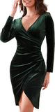 Aphratti Women's Velvet Dress Long Sleeve Wrap V Neck Split Ruched Bodycon Cocktail Party Fall Dresses for Wedding Guest 2025