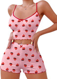 Hilinker Womens Graphic Print Ribbed PJ Set Crop Cami Tops and Shorts Cute Pajamas Set