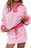 Womens 2 Piece Set Striped Sweatshirt Skirt Set Casual Long Sleeve Skort Workout Matching Lounge Set with Pockets
