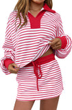 Womens 2 Piece Set Striped Sweatshirt Skirt Set Casual Long Sleeve Skort Workout Matching Lounge Set with Pockets