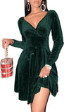 Sexyasasii Womens Wrap V Neck Long Sleeve Velvet Glitter A Line Cocktail Party Swing Fit and Flare Skater Mini Dress