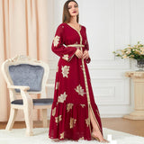 OBEEII Women's Moroccan Muslim Abaya Dress Elegant Floral Embroidery Kaftan Maxi Dress Islamic Dubai Ramadan Prayer Clothes