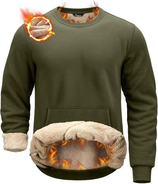 Pudolla Men's Sherpa Lined Sweatshirts Warm Soft Crewneck Sweatshirts Heavyweight Winter Pullover Kangaroo with Pouch Pocket