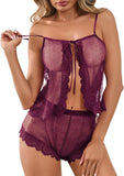 Kolagri Sexy Women Lace Pajamas Lingerie Set High Waist Sheer Sleepwear Bow Ties Cami Shorts Set