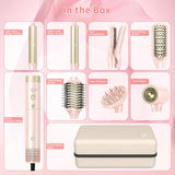 Hair Dryer Brush 8-in-1 Dual Voltage Hot Air Styler – Fast-Drying 110,000 RPM Ionic Blow Dryer with Straightener & Curler Attachments, Frizz-Free Volumizing Styler with Protective Hard Case-Pink