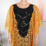 HD Womens African Lace Kaftan Dress Embroidery V Neck Evening Party Gown One Size with Matching Headwrap