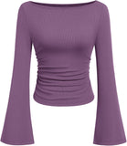 7DAY'S Women's Long Sleeve Shirts 2025 Fall Crop Going Out Tops Casual Boat Neck Bell Sleeve Ribbed Ruched Y2K Clothes