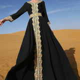 IDOPIP Embroidery Abayas for Women Muslim Moroccan Floral Maxi Kaftan Dress Arabic Islamic Dubai Robe Ramadan Prayer Clothes