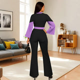 WXN Two Piece Sets for Women Going Out Long Flared Sleeve Colorblock Crop Top Wide Pants Set Brunch Outfits