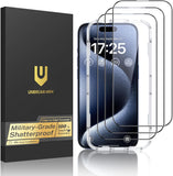 UNBREAKcable 3-Pack Screen Protector for iPhone 15 Pro Max, Double Shatterproof Tempered Glass [Easy Installation Frame] [HD Clear] [9H Hardness] [Full Coverage] for iPhone 6.7 inch