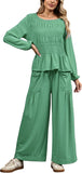 Womens 2-Piece Boho Long Sleeve Smocked Top & Wide Leg Pants Set Casual Lounge Outfit with Pockets