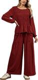 Womens 2-Piece Boho Long Sleeve Smocked Top & Wide Leg Pants Set Casual Lounge Outfit with Pockets