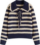 CIDER Striped Sweaters for Women Collar Knit Long Sleeve Knotted Loose Fit Pullover Winter Sweater Fall Tops