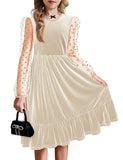 Arshiner Girls Dresses Contrast Mesh Velvet Long Sleeve A-Line Vintage Party Dress with Pockets