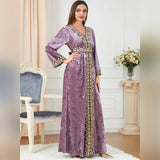ODIZLI Muslim Kaftan Abaya Moroccan Fashion Autumn Winter Long Sleeve Velvet Dress for Eid Ramadan