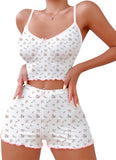 Hilinker Womens Graphic Print Ribbed PJ Set Crop Cami Tops and Shorts Cute Pajamas Set
