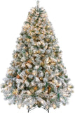 Yaheetech 6ft Snow Flocked Pre-lit Christmas Tree with 250 Warm White Lights, 820 Lush Branch Tips & Quick-Assembly Hinged Design, Full Artificial Xmas Tree for Winter Holiday Décor, Green & White