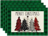 Artoid Mode Waterclor Buffalo Plaid Christmas Trees Placemats Set of 4, 12x18 Inch Winter Table Mats for Outdoor Home Party Kitchen Dining Decor