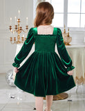 Arshiner Toddler Velvet Dress Girls Smocked Square Neck Puff Long Sleeve Party Dresses with Pockets 3-8Y
