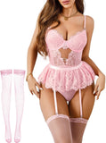 Women Lingerie Set Naughty Lace Bodysuit High Waisted Underwire Lingerie Babydoll With Garter Belt and Stockings