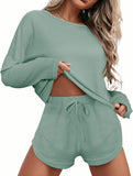 Ekouaer Womens Waffle Knit Pajama Sets Long Sleeve Top and Shorts Matching Lounge Set Loungewear Sweatsuit with Pockets